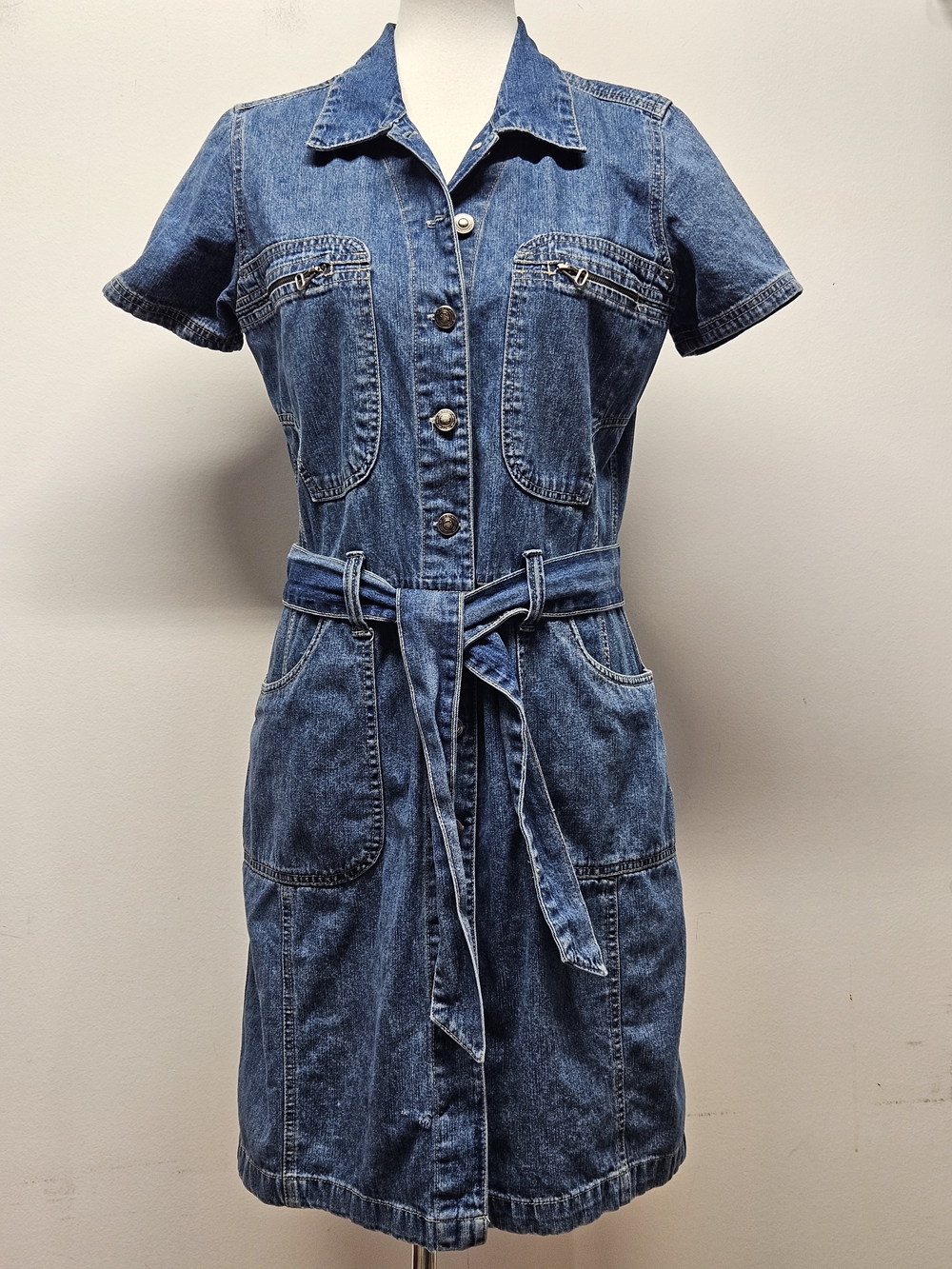 Faded Glory Denim Shirt Dress 12 Belted Button Front Medium Wash Y2K Utility